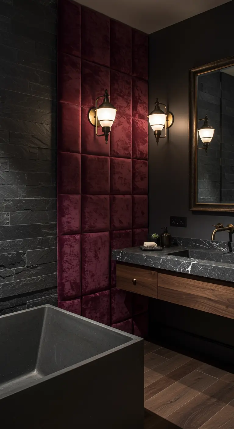 Donkere badkamer met bordeauxrood fluwelen wandpaneel, marmeren wastafel en houten elementen.