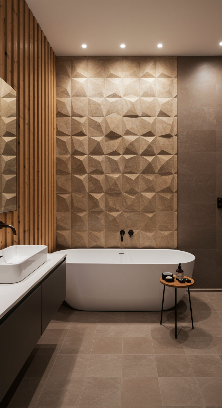 Moderne badkamer met een accentmuur van bruine 3D-tegels achter het bad.