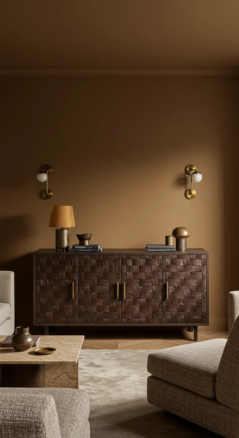 Woonkamer met een donkerbruin dressoir met geweven houten deuren en messing accenten.