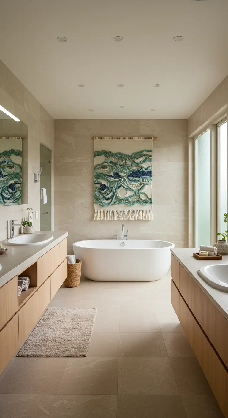 Lichte, naturel badkamer met een groot geweven wandkleed met abstracte golvende patronen.