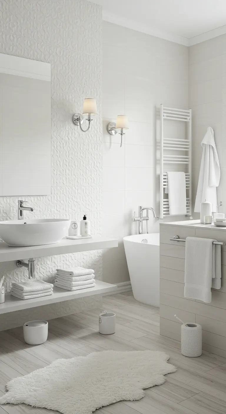 Witte badkamer met reliëftegels en open planken.