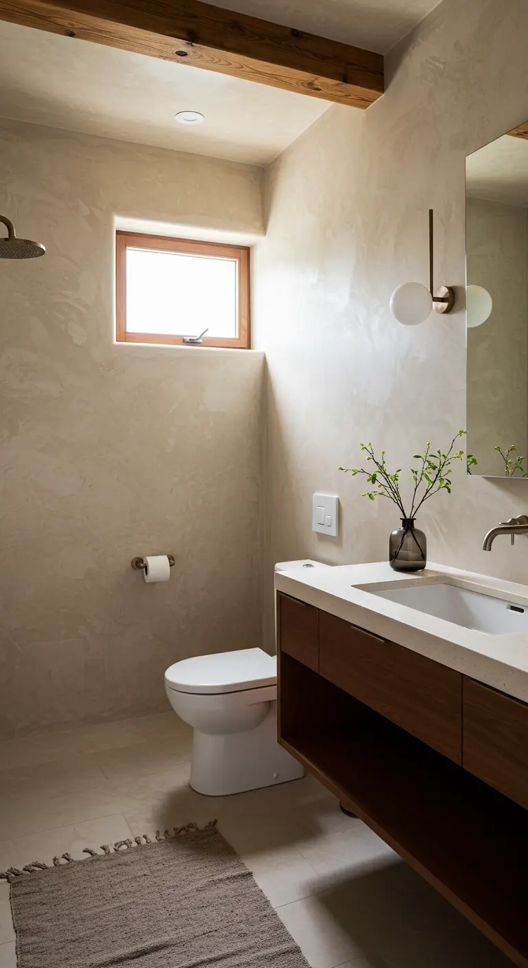 Badkamer met beige tadelakt muren, houten meubel en gouden lamp