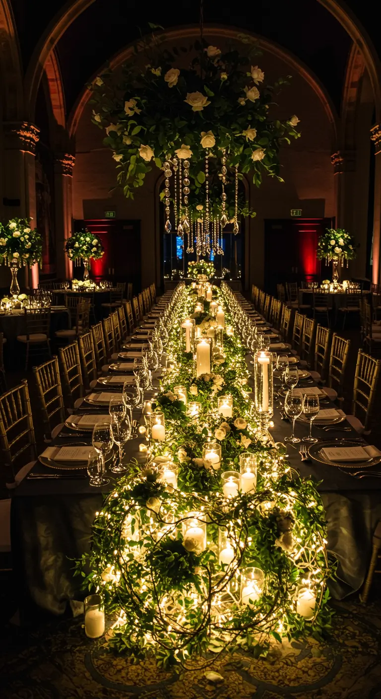 Lange eettafel met een lichtslinger als tafelloper, verweven met groen en kaarsen.
