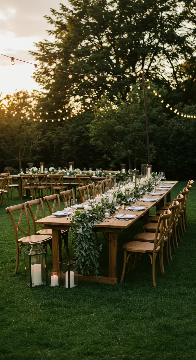 Lange houten tafel met groene guirlande, kaarsen en lichtslingers in de tuin bij zonsondergang.