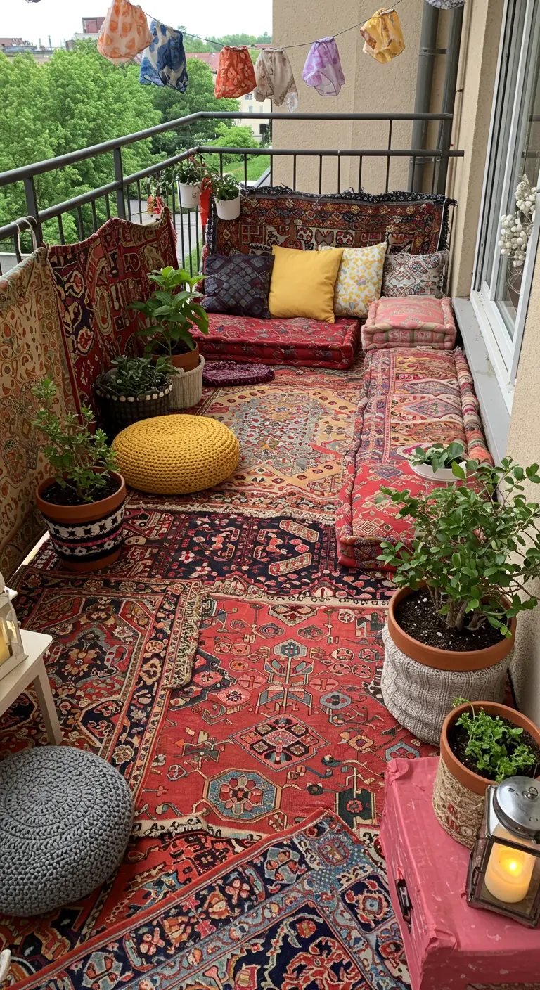Balkon met veel kleurrijke vloerkleden, kussens en potplanten in een bohemian stijl.