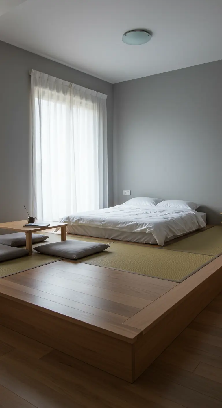 Japandi slaapkamer met tatami platform, laag bed, laag tafeltje en vloerkussens.