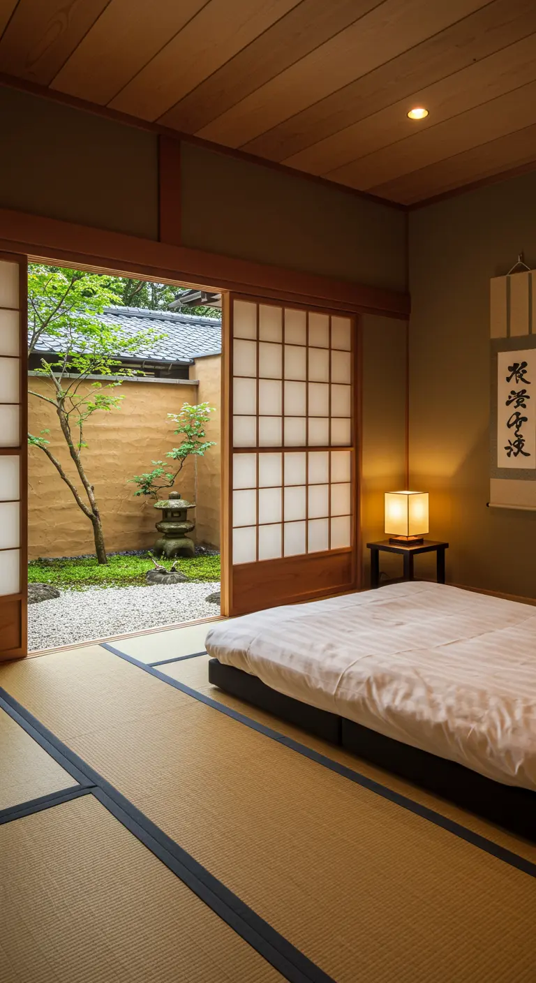 Traditionele Japanse slaapkamer met tatami matten, shoji deuren en laag bed.