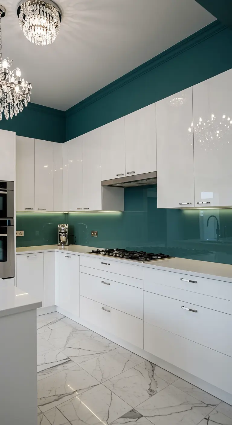 Witte hoogglans keuken met petrolblauwe accentmuur en glazen spatwand.