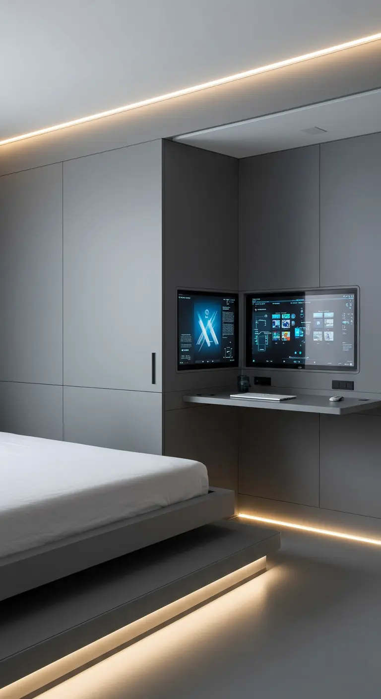 Moderne grijze slaapkamer met werkplek met dubbele monitor in kastenwand.