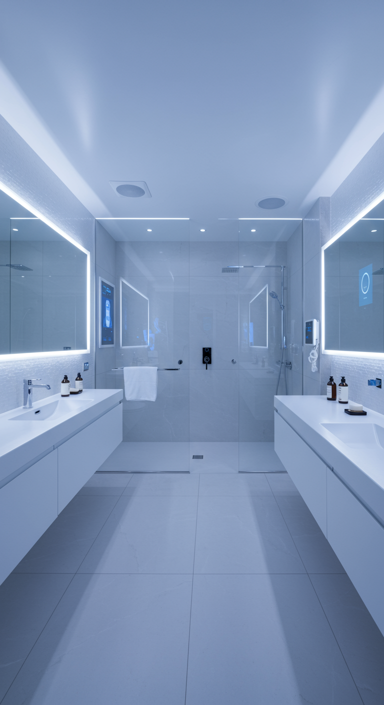 Futuristische badkamer met slimme spiegels en blauwe sfeerverlichting.
