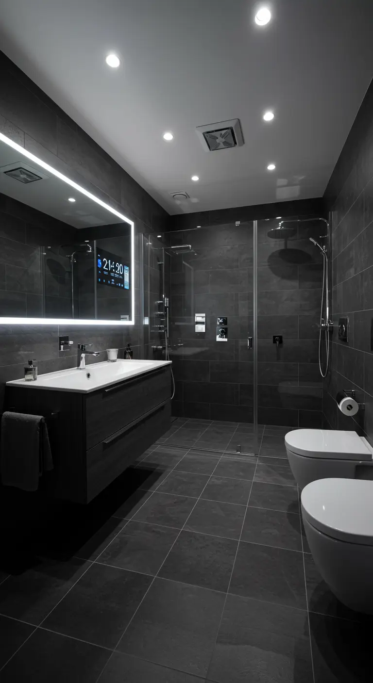 Donkere, moderne badkamer met slimme spiegel en strakke lijnen.