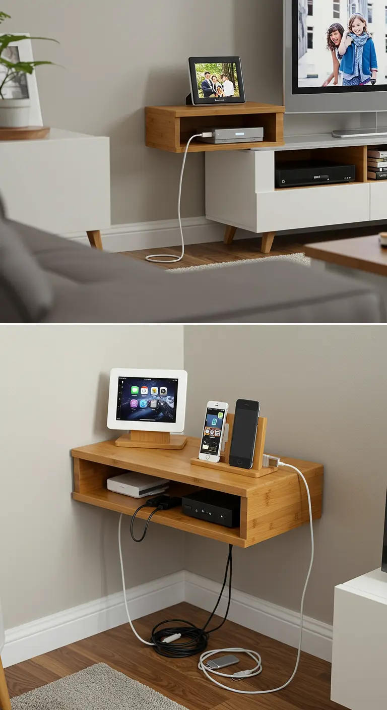 Compact houten zwevend oplaadstation in een hoek voor telefoons en tablet, houdt kabels netjes.