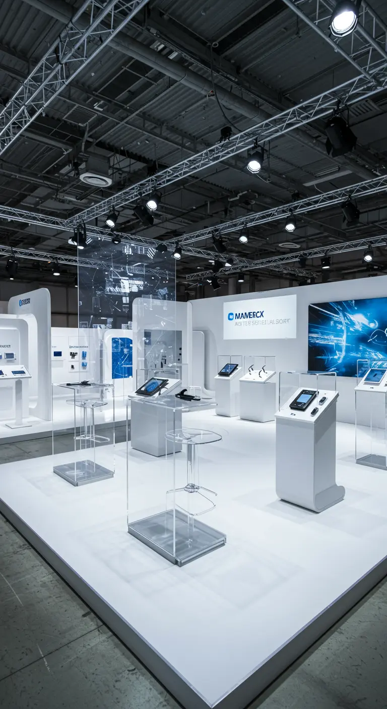 Moderne, witte beursstand met plexiglas displays, statafels en blauwe accentverlichting.