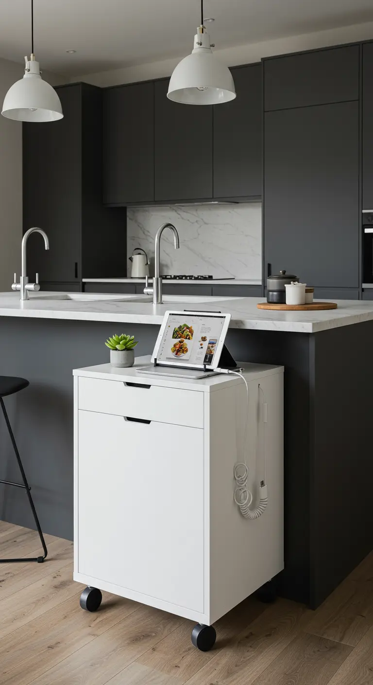 Witte moderne keukentrolley met lade, tabletstandaard en oplaadkabel, naast een kookeiland.