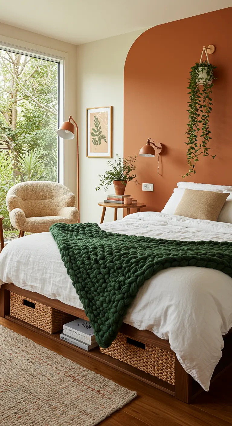 Slaapkamer met terracotta accentmuur, teddy fauteuil en groen gebreid plaid.