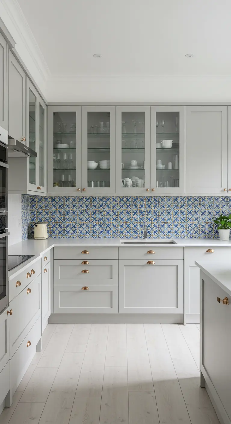 Lichte keuken met glazen kasten en een opvallende blauw-gele Portugese tegel achterwand.