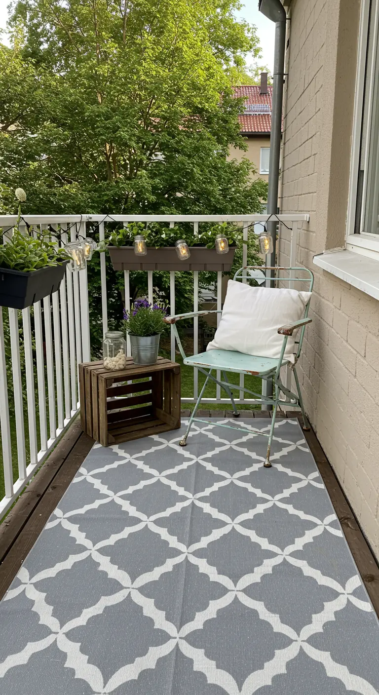 Balkon met grijs-wit buitenkleed met Marokkaans tegelpatroon.