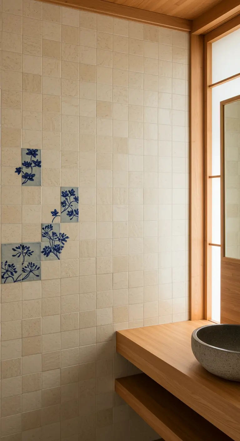 Beige badkamerwand met enkele vierkante tegels met blauwe bloemmotieven.
