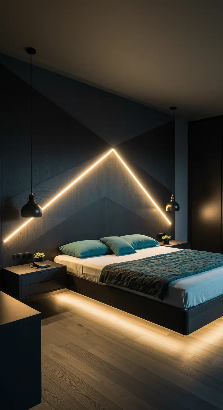 Donkere slaapkamer met een geometrisch LED-lichtpatroon als een berg achter het bed.