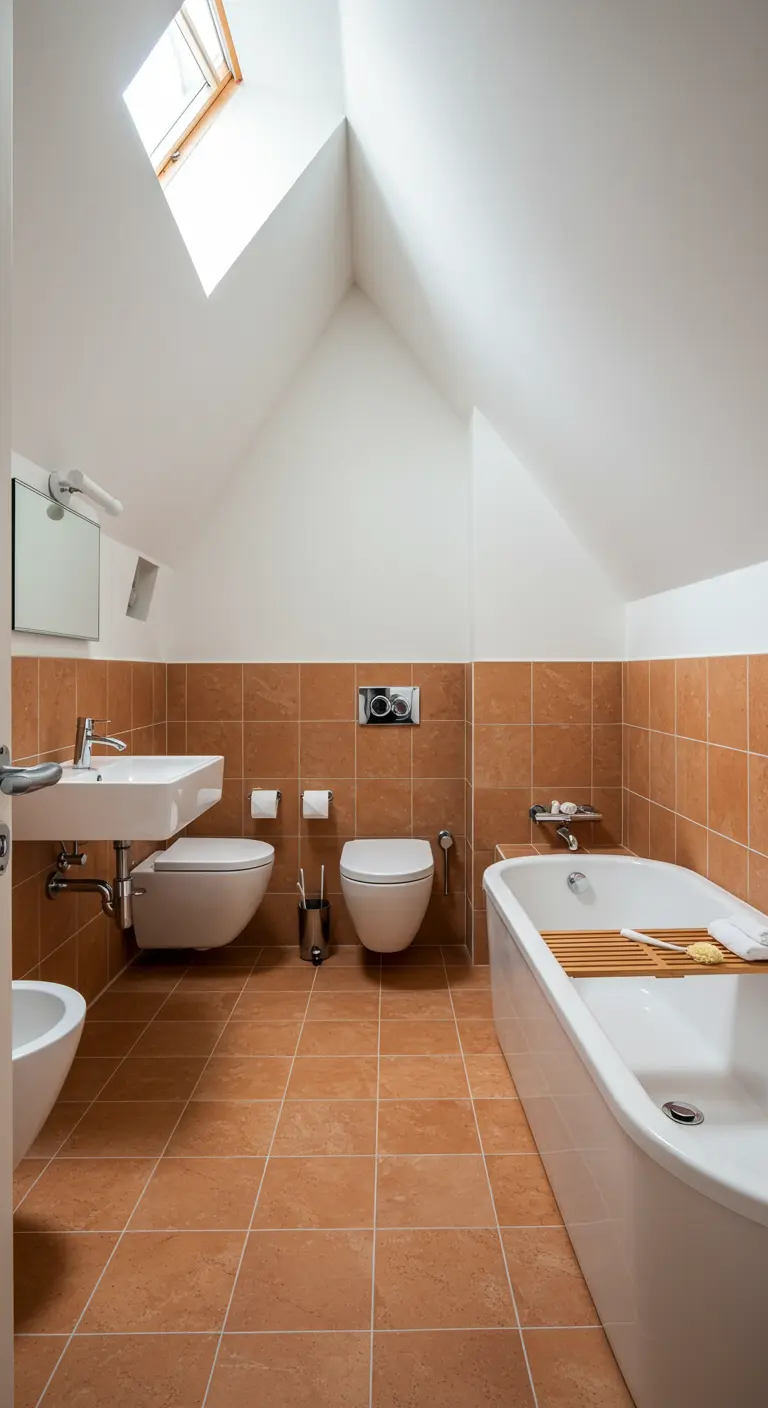 Zolderbadkamer met terracotta tegels op vloer en wand, en een wit bad.