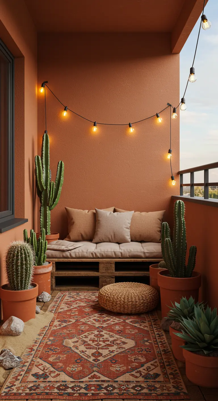 Terracotta kleurig balkon met palletbank, aardetinten kussens, cactussen en een oosters vloerkleed.