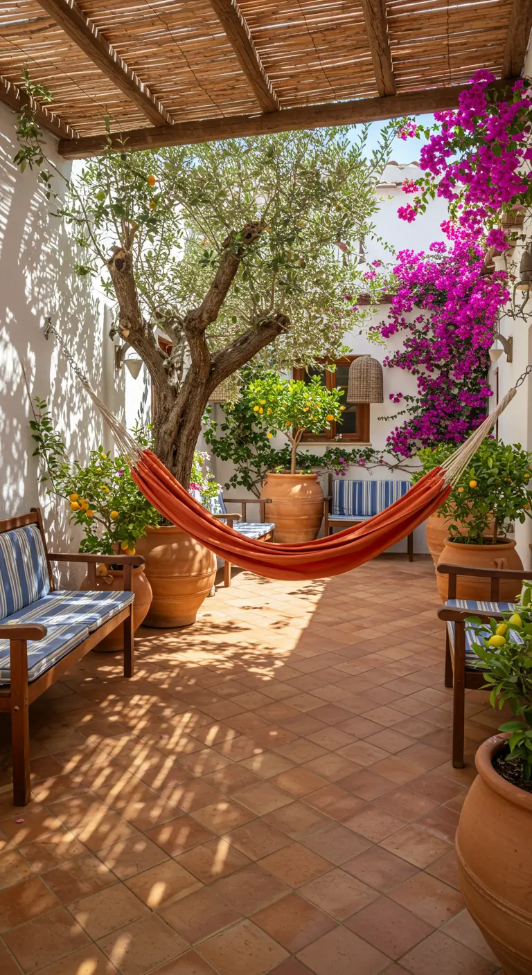 Oranje hangmat op een Mediterrane patio met terracotta potten en bougainville.