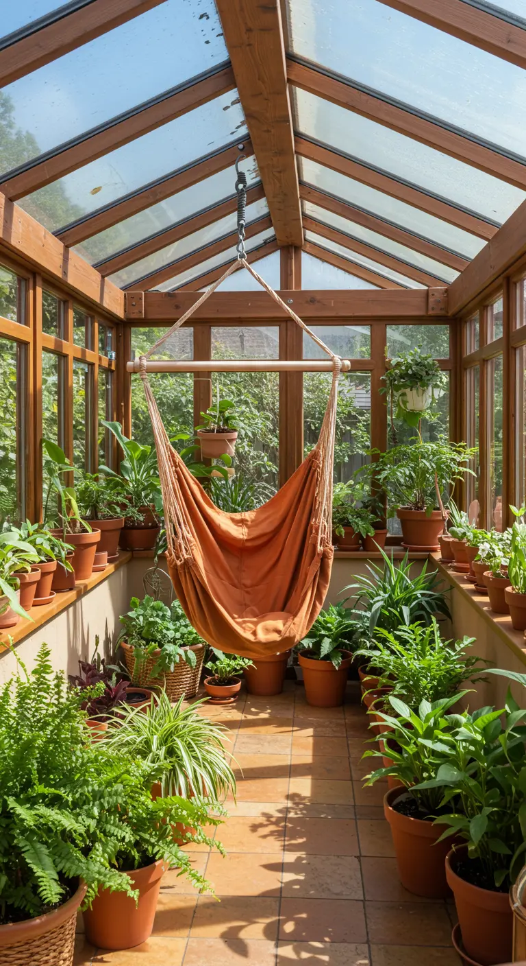 Terracotta hangmat in een lichte serre vol met groene planten in potten.
