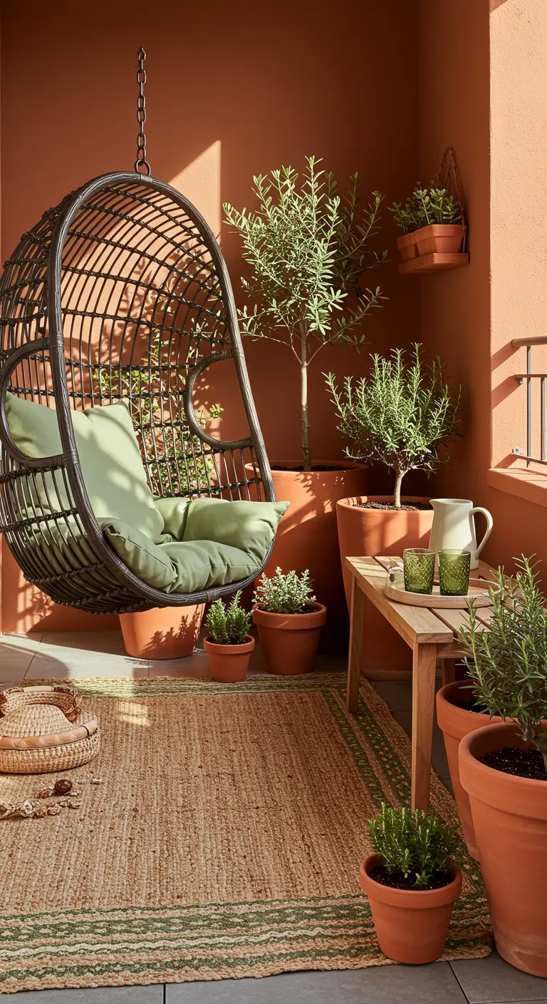Donkere rotan hangstoel op balkon met terracotta potten, olijfbomen en jute kleed.