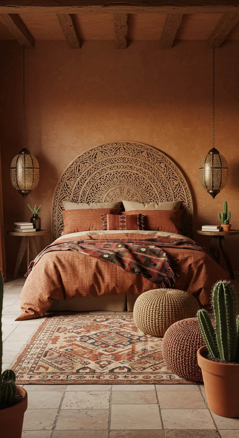 Slaapkamer met terracotta muren, gesneden houten hoofdbord en Marokkaanse lampen.