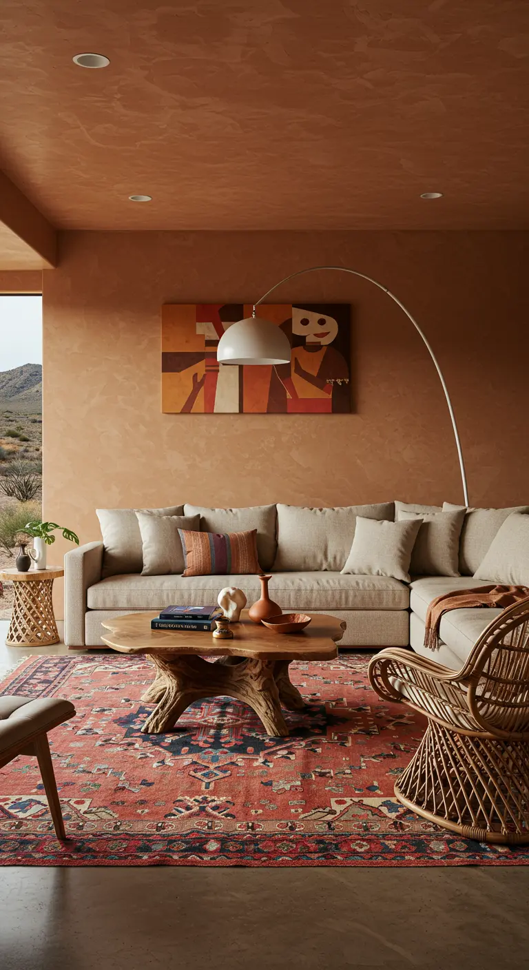 Woonkamer met terracotta muren, lichte bank, Perzisch tapijt en abstracte kunst.