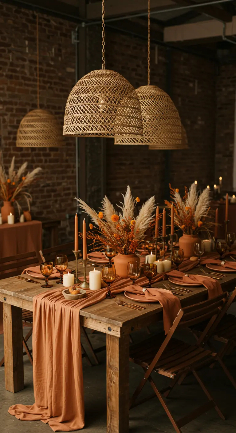 Feesttafel gedekt in terracotta tinten met rotan lampen erboven.