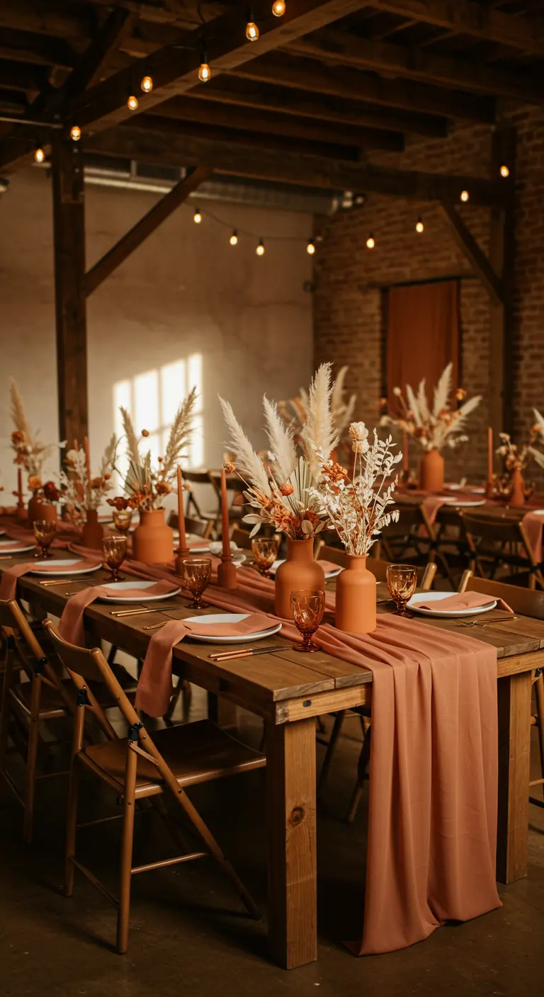 Tafelstyling met terracotta loper, droogbloemen in terracotta vazen en amberkleurig glas.