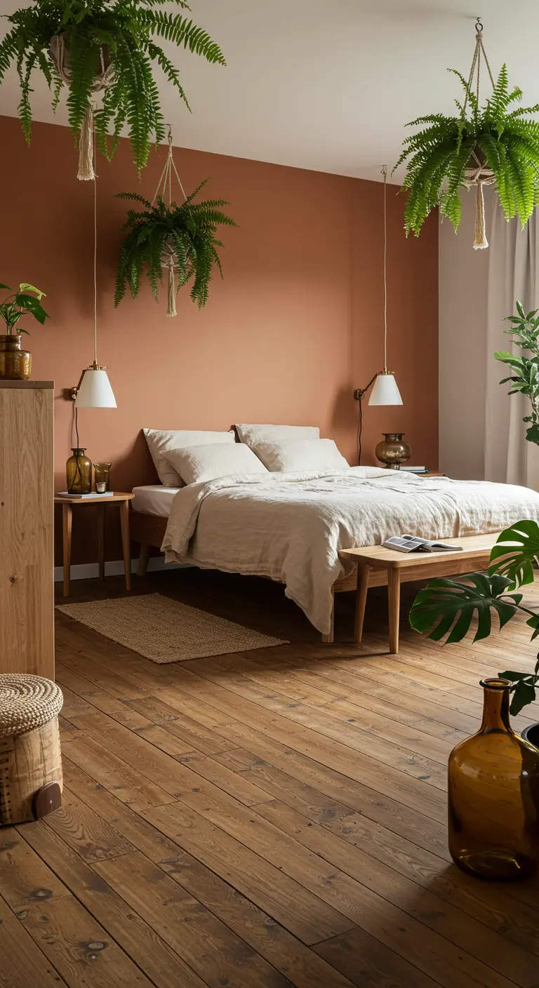 Slaapkamer met terracotta muren, hangplanten, linnen beddengoed en houten meubels.