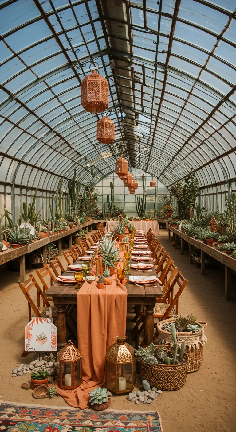 Lange tafel in kas met cactussen, terracotta accenten en lantaarns.