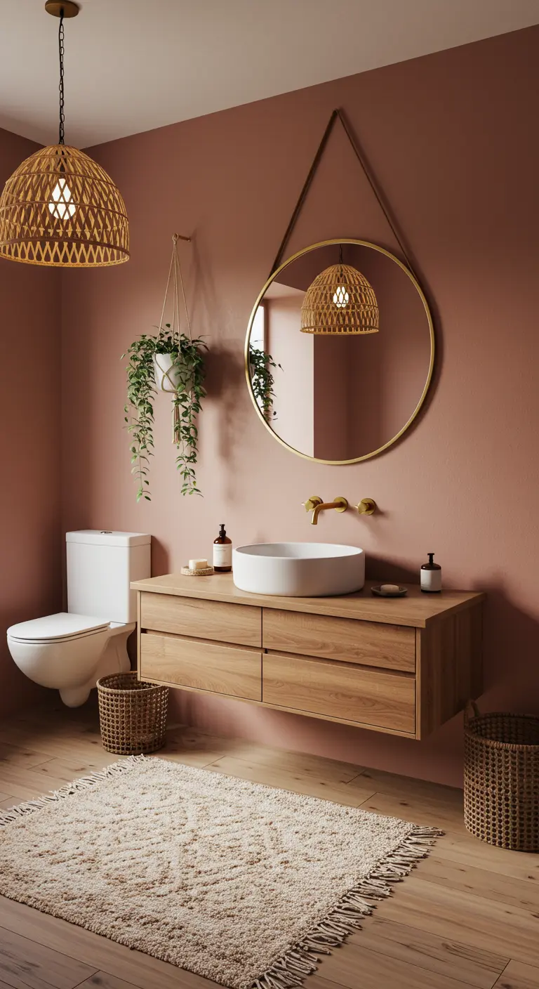 Badkamer met terracotta muren, houten meubel en gouden spiegel