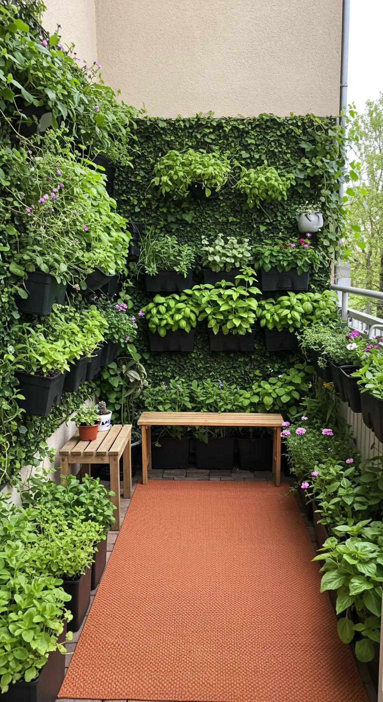 Smal balkon met een weelderige verticale plantenwand en een effen terracotta-kleurig buitenkleed.