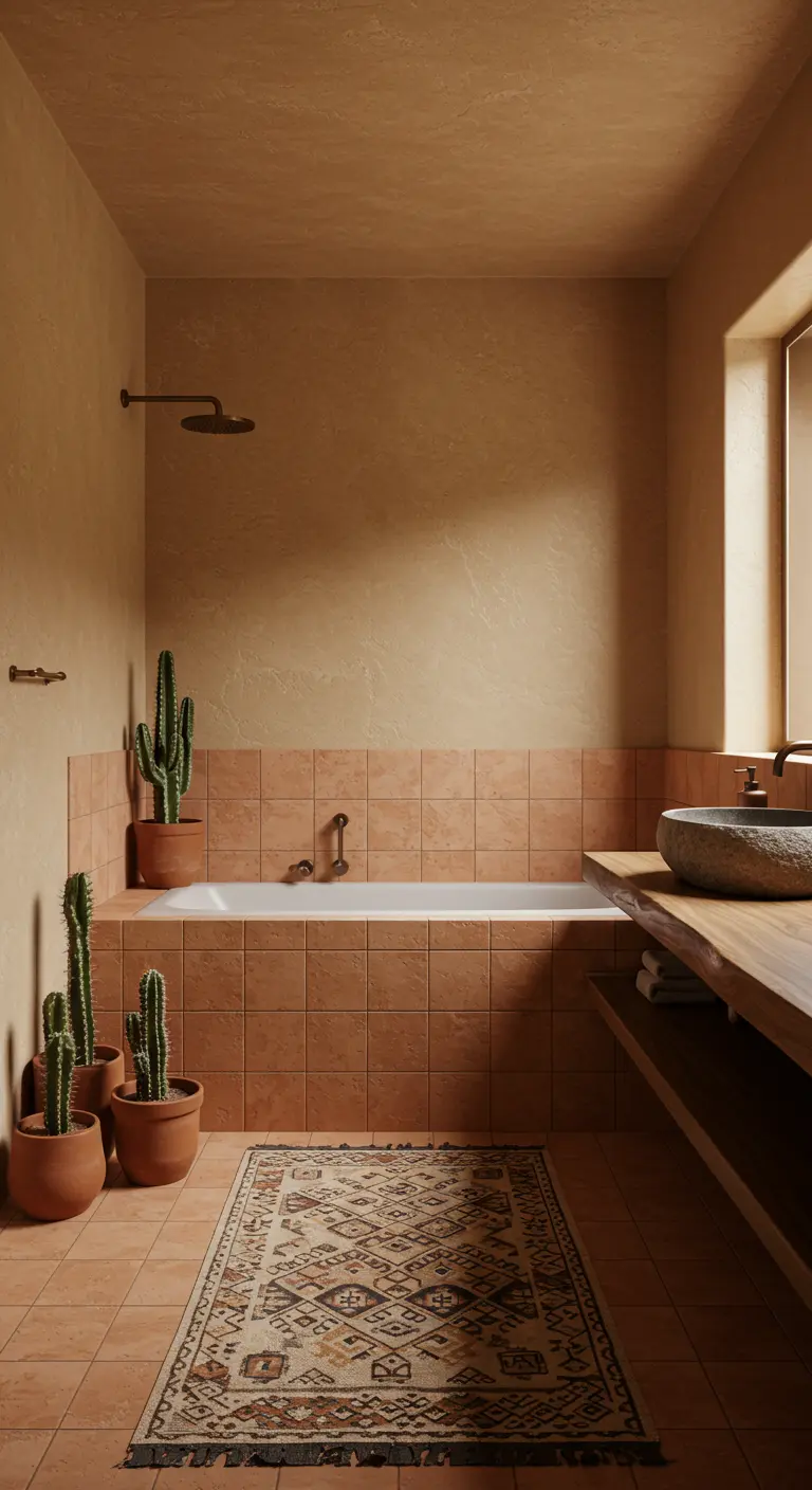 Badkamer met terracotta tegels, cactussen, houten wastafel en etnisch kleed.