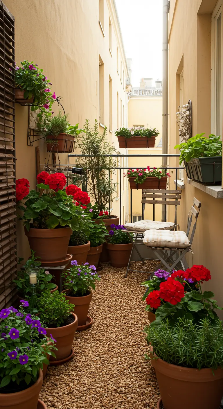 Smal balkon vol terracotta potten met rode en paarse bloemen, op een bodem van licht grind.