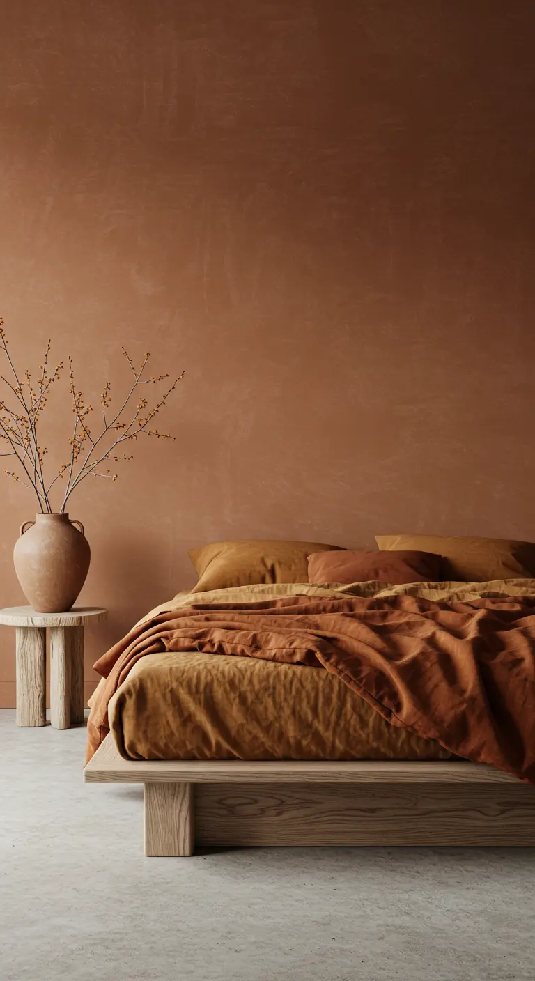 Slaapkamer met terracotta kalkverf muur en linnen beddengoed in aardetinten.