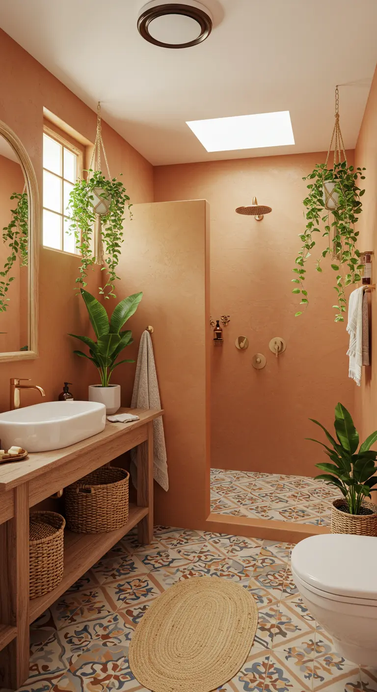Badkamer in terracotta tinten met open inloopdouche, patroontegels en hangplanten.