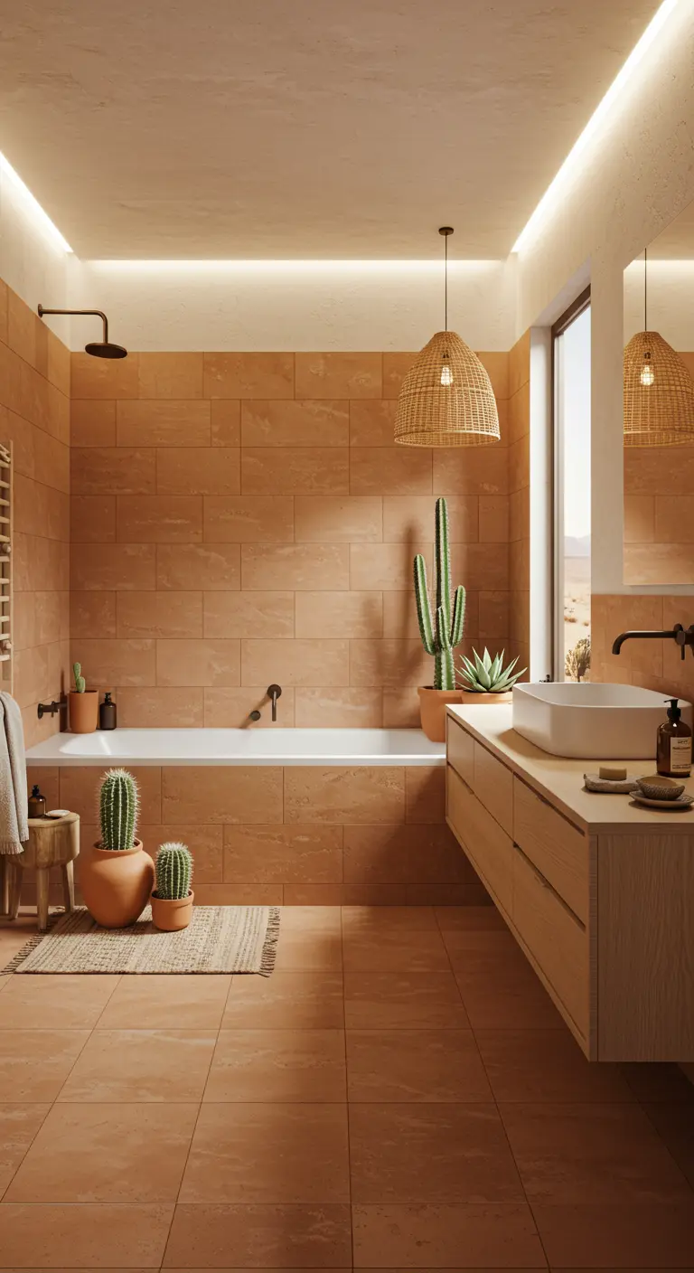 Badkamer met grote terracotta tegels, houten meubel, rotan lampen en cactussen.