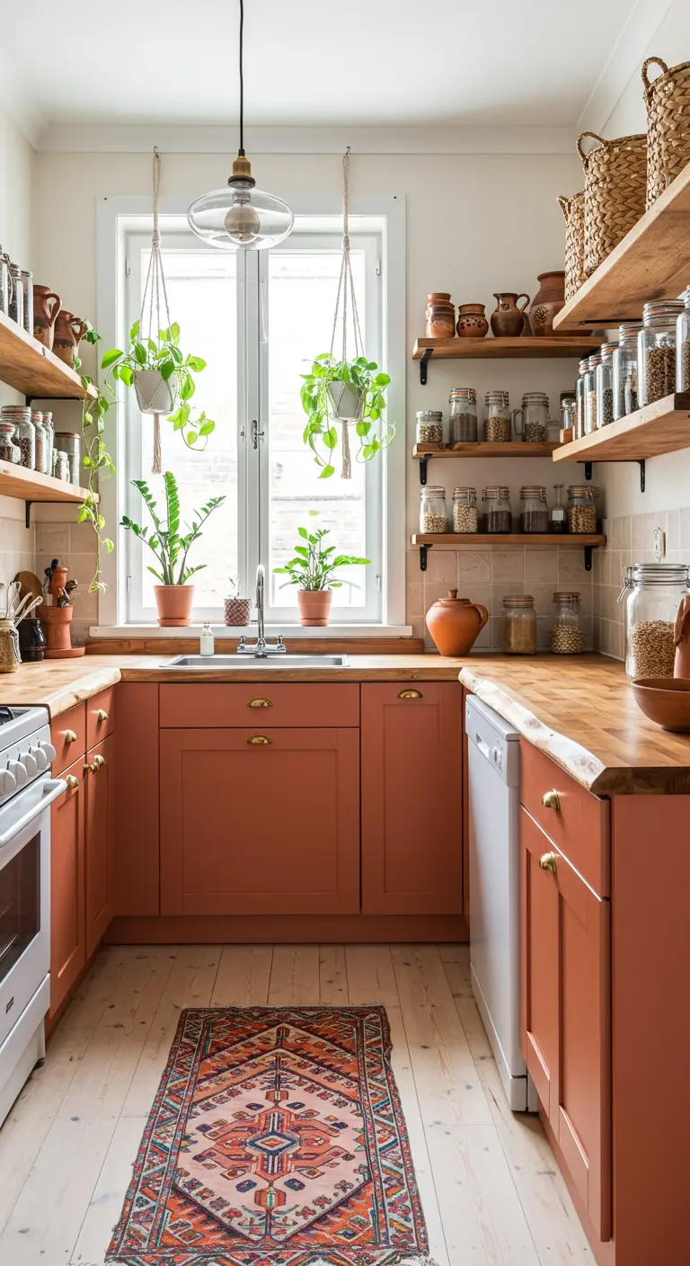Terracotta-kleurige keuken met open houten planken, veel planten en een kleurrijk tapijt.