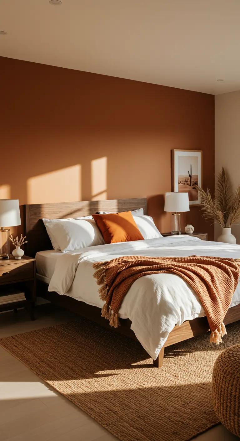 Slaapkamer met terracotta accentmuur, houten bed en wit beddengoed.