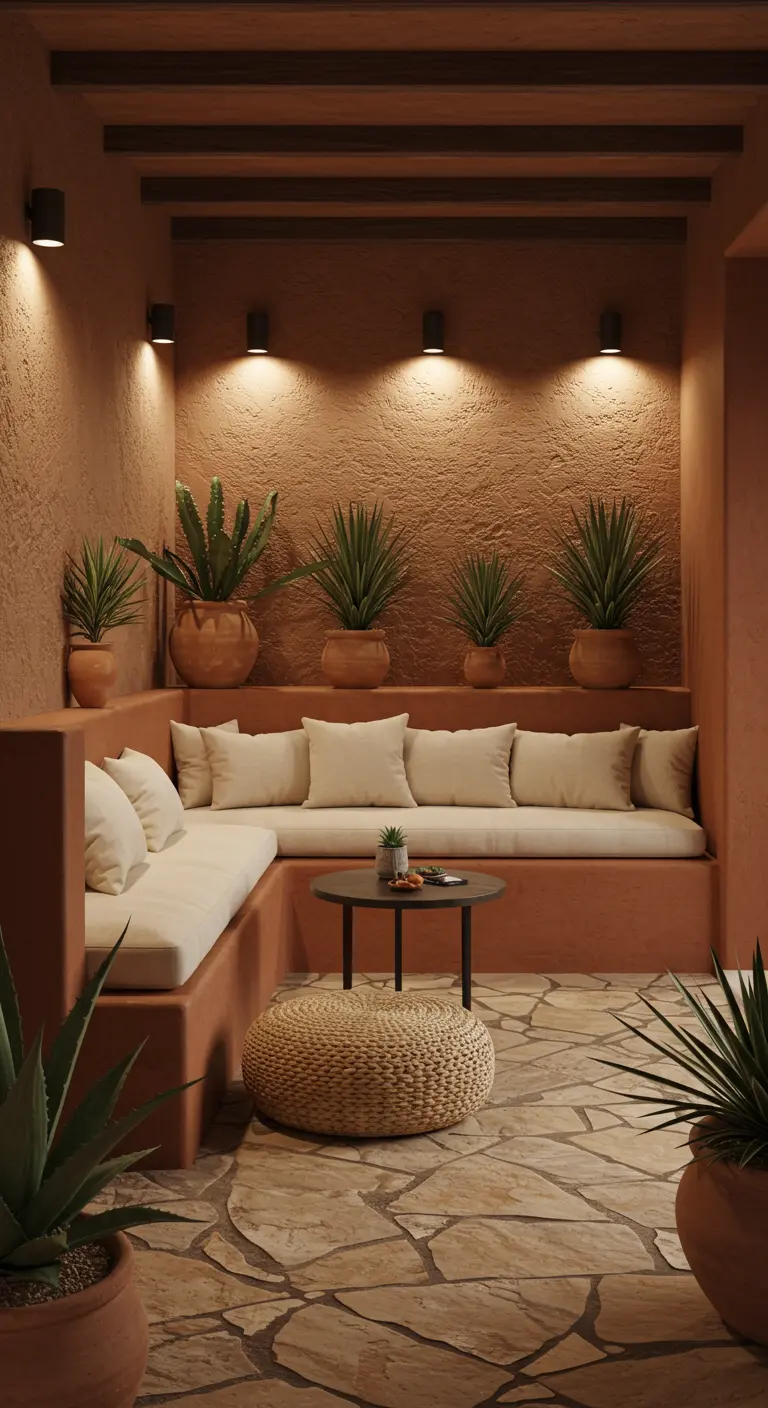 Overdekt balkon met terracotta muren, ingebouwde bank, vetplanten en rieten poef.