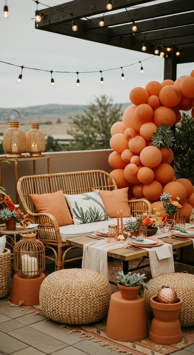 Terras met rotan meubels, terracotta accenten, cactusprint kussen en oranje ballonnenboog.