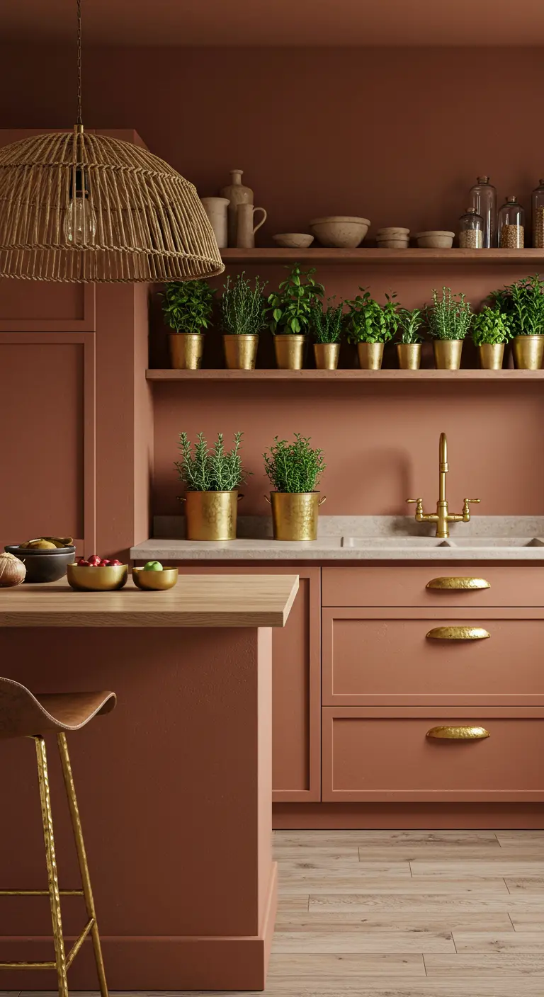Terracotta keuken met open planken, gouden handgrepen, gouden kraan en gouden kruidenpotten.
