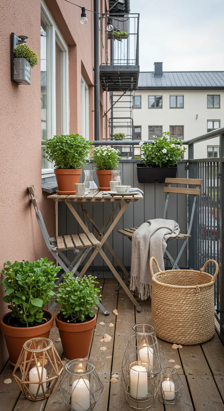 Balkon met terracotta potten, houten bistroset, mand, plaids en lantaarns met LED-kaarsen.