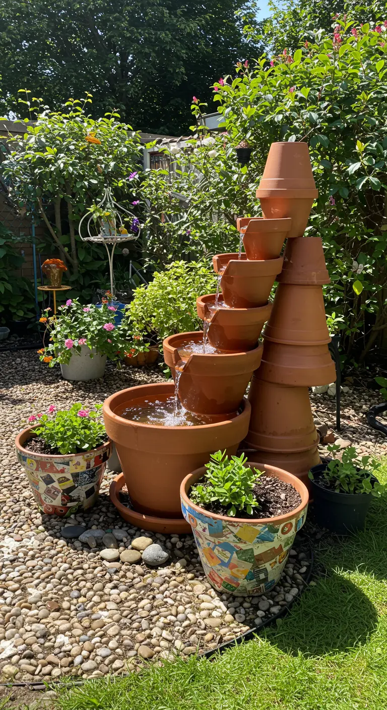 DIY-fontein gemaakt van gestapelde terracotta potten in een tuin.