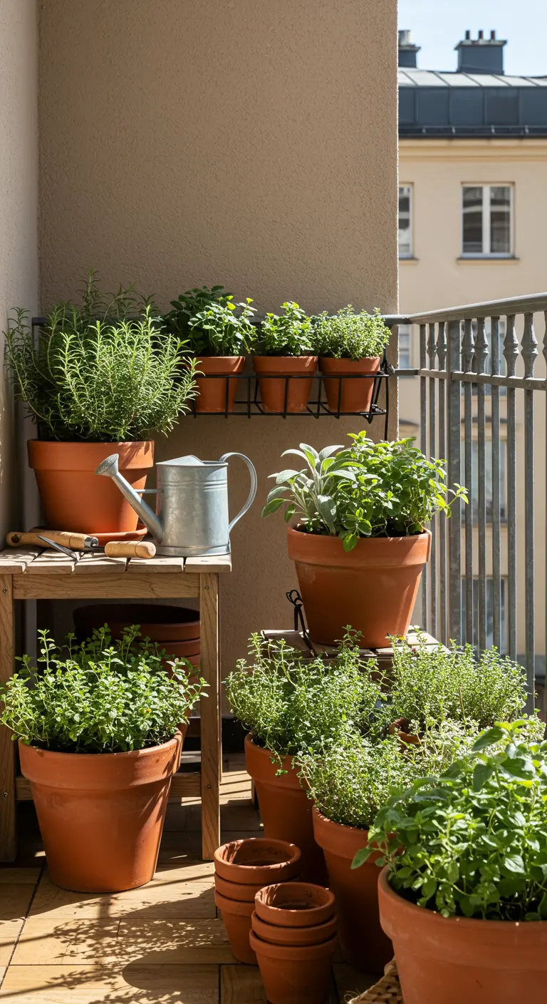 Verzameling kruiden zoals rozemarijn en tijm in diverse terracotta potten op een zonnig balkon.