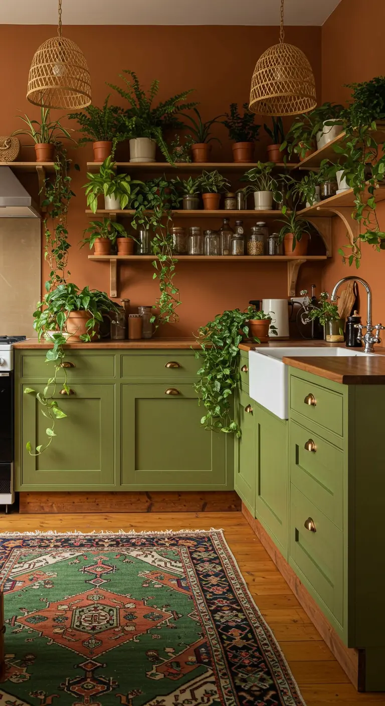 Olijfgroene keuken met terracotta muren, veel planten op planken en een Perzisch tapijt.